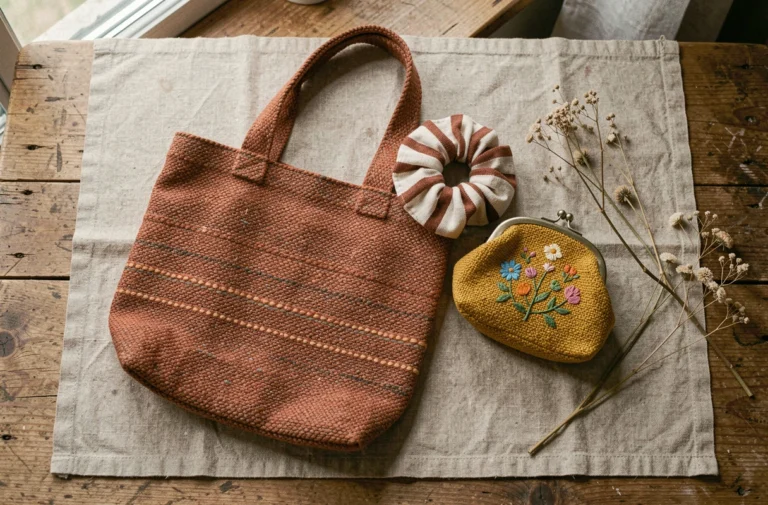 Accessoires textiles éthiques disposés en flat lay sur lin brut, tote bag terracotta, scrunchie rayé et pochette brodée en moutarde