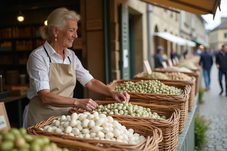 Femme choisissant des cocos de Paimpol frais dans une caisse en bois sur un marché breton