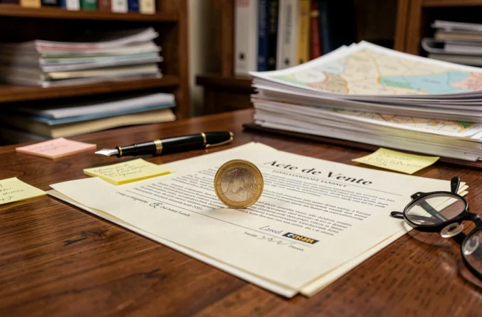 Bureau de notaire avec acte de vente immobilier et pièce d'un euro symbolique posée sur les documents