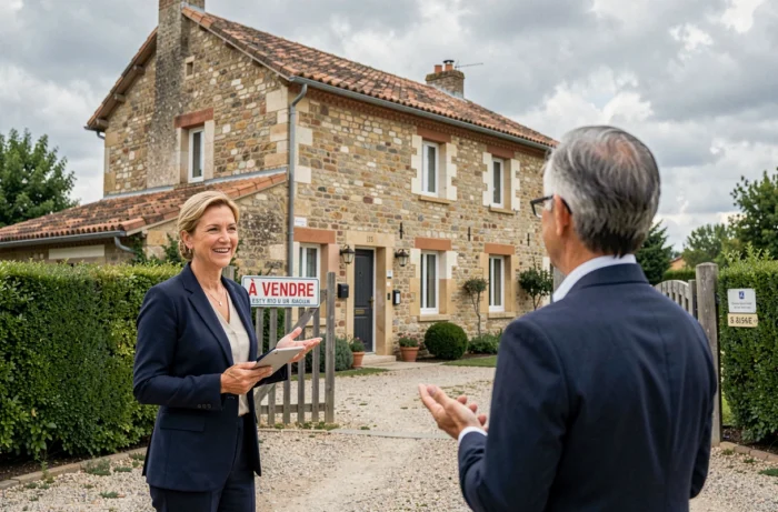 Agent immobilière présentant une maison de campagne française à vendre à un acheteur potentiel