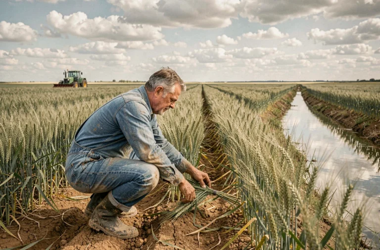 Agriculteur inspectant ses cultures de blé dans un vaste champ agricole avec tracteur en arrière-plan
