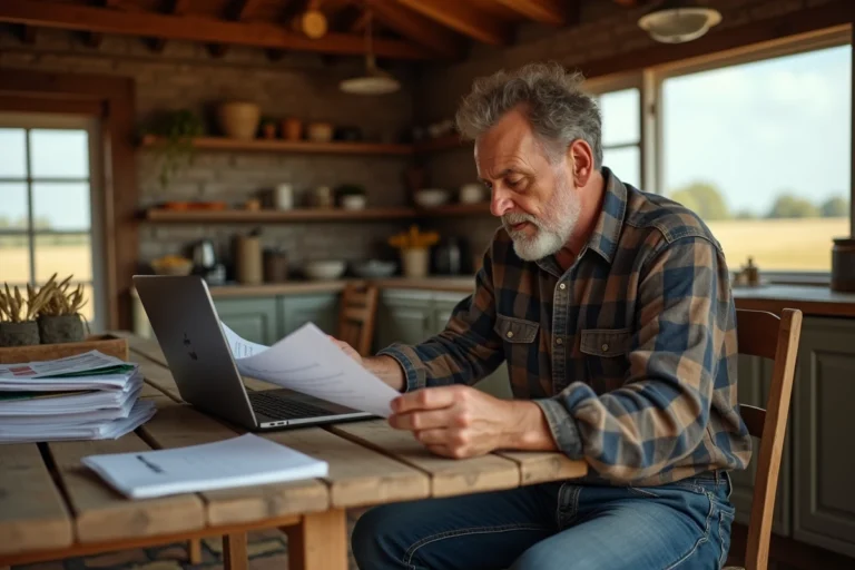 Agriculteur mature examinant des documents bancaires et financiers pour son exploitation agricole à la table de sa ferme