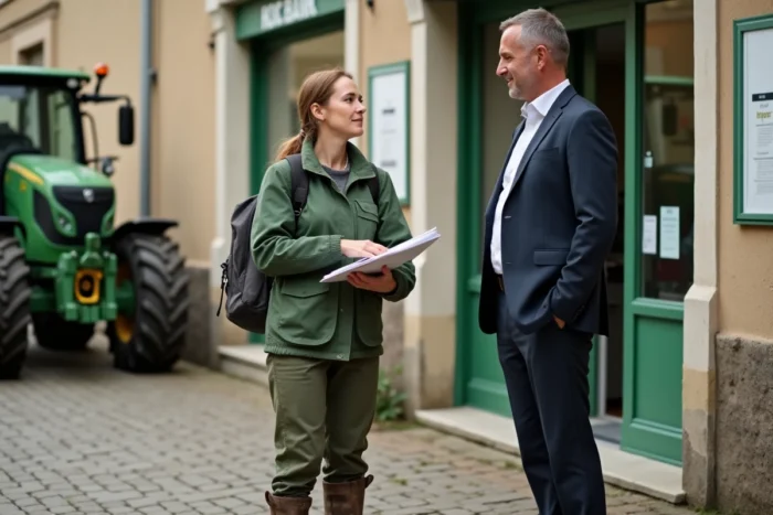 Agricultrice discutant de financement agricole avec un conseiller bancaire devant une agence en milieu rural