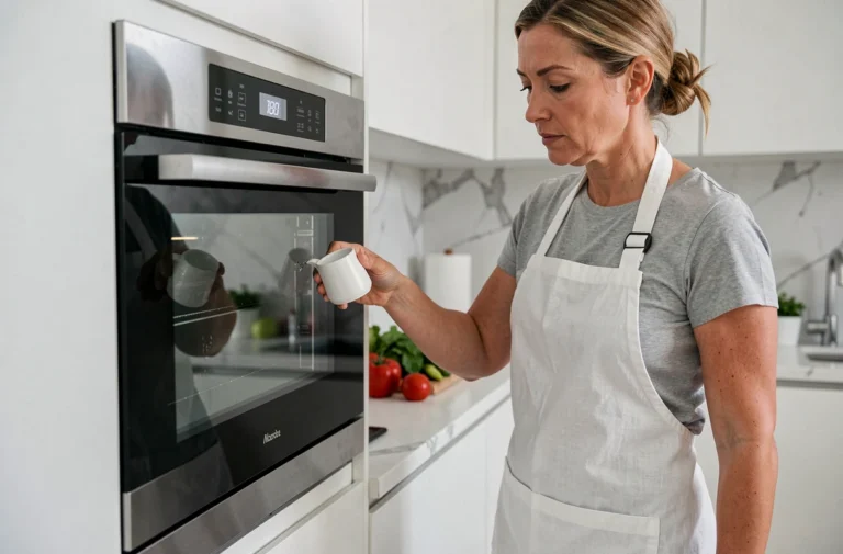 Femme versant de l'eau dans le réservoir d'un four à vapeur intégré dans une cuisine moderne