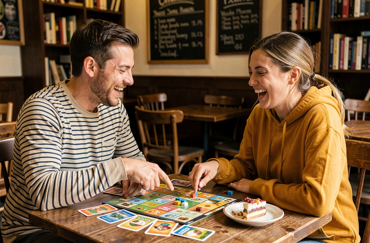 Deux amis jouant à un jeu de société dans un café chaleureux, idée de loisir convivial à partager en 2024