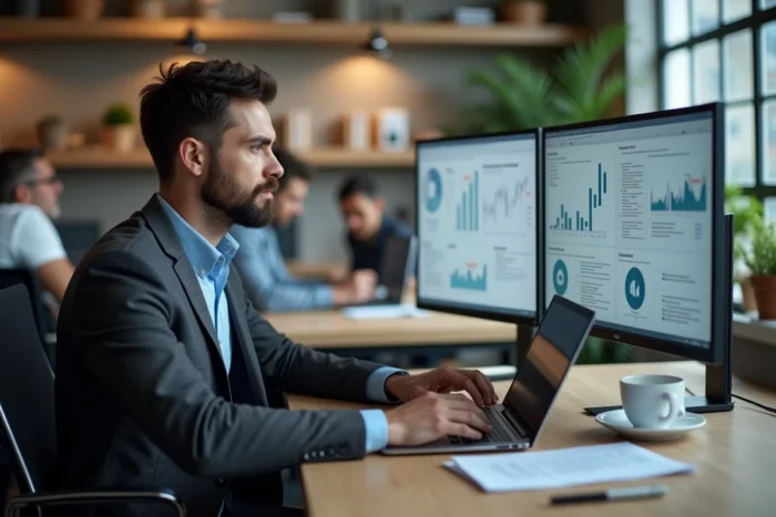 Manager B2B analysant des tableaux de bord de performance commerciale sur deux écrans dans un bureau moderne