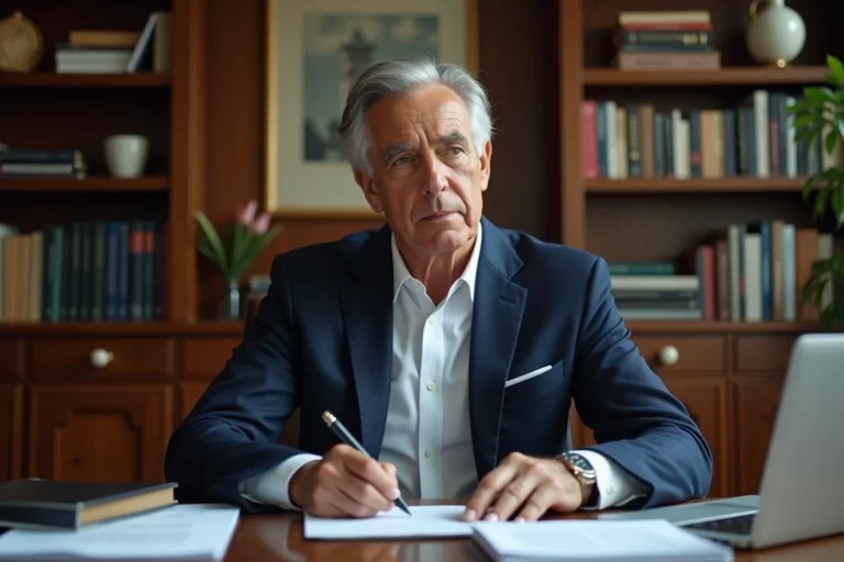 Homme élégant dans la cinquantaine assis à un bureau en bois dans un bureau à domicile parisien, évoquant la vie privée et la discrétion d'une personnalité publique