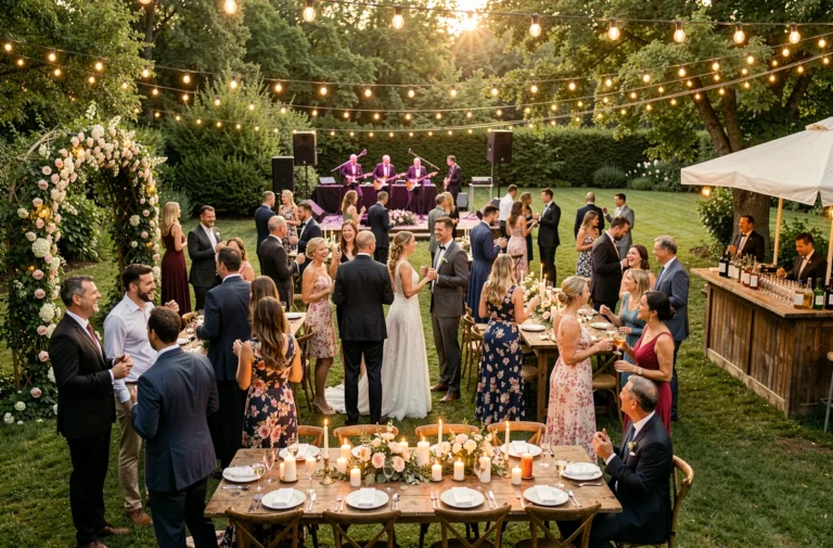 Vue d'ensemble d'une réception de mariage animée en extérieur avec des invités dansant, discutant et profitant de différentes animations festives dans un jardin décoré