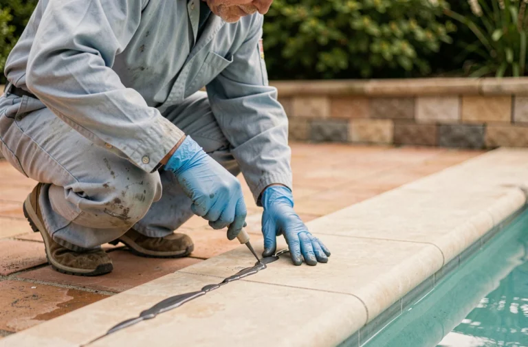 Artisan appliquant un joint epoxy sur un joint de piscine existant fissuré, agenouillé au bord d'une piscine carrelée en plein air