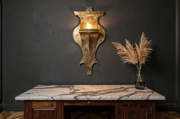 Grande applique murale XXL en laiton vieilli au design sculptural au-dessus d'un buffet à plateau en marbre dans un salon élégant et sombre