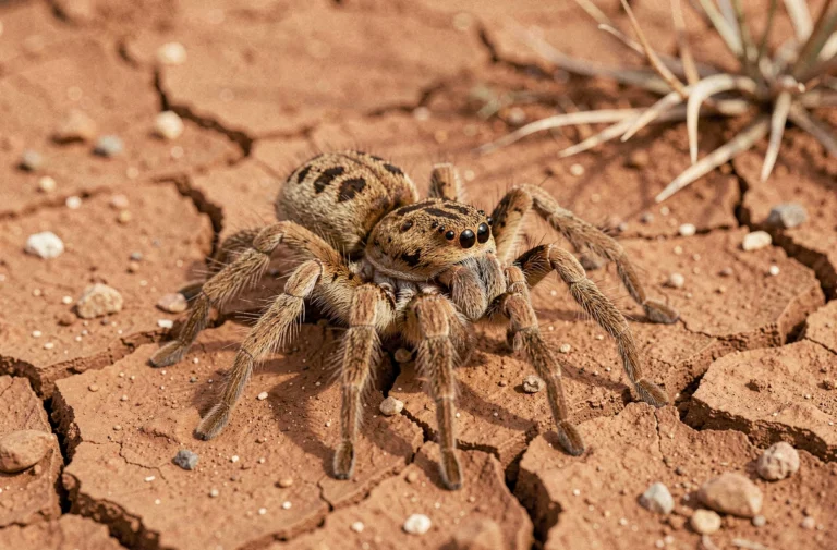 Araignée couteau de Djibouti photographiée en macro sur sol aride et craquelé du désert