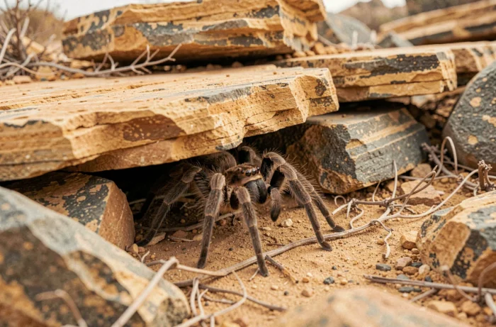 Araignée couteau de Djibouti sortant d'un abri rocheux dans un paysage semi-aride
