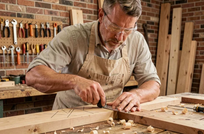 Artisan mesurant une planche de chêne brut dans un atelier de menuiserie maison avec des outils traditionnels