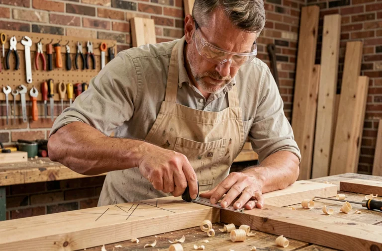 Artisan mesurant une planche de chêne brut dans un atelier de menuiserie maison avec des outils traditionnels