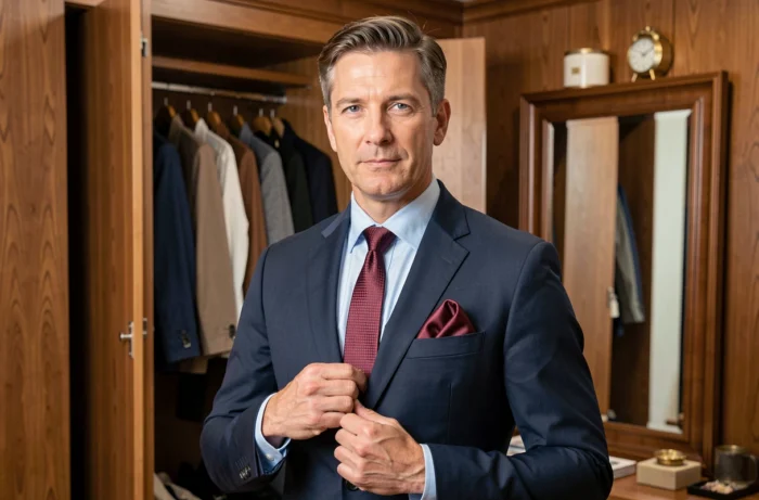 Homme élégant en costume bleu marine assortissant une cravate bordeaux à motifs géométriques avec une pochette bordeaux pliée en style présidentiel
