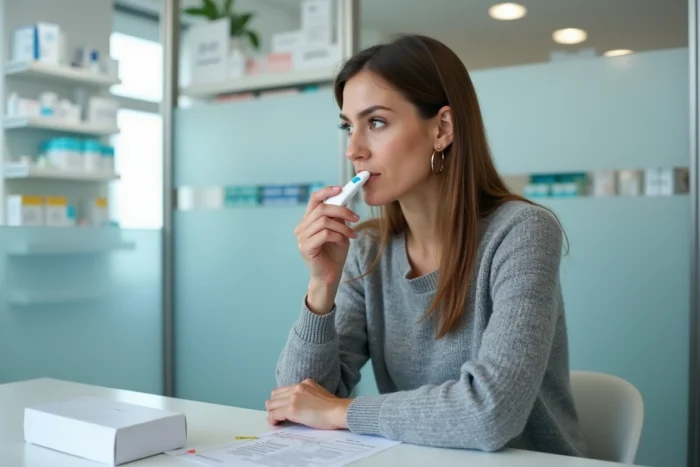 Femme réalisant un test de dépistage salivaire en pharmacie avec kit d'autotest et notice d'utilisation