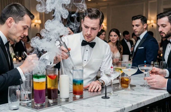 Barman réalisant un cocktail moléculaire spectaculaire avec de l'azote liquide lors d'un mariage, entouré d'invités fascinés