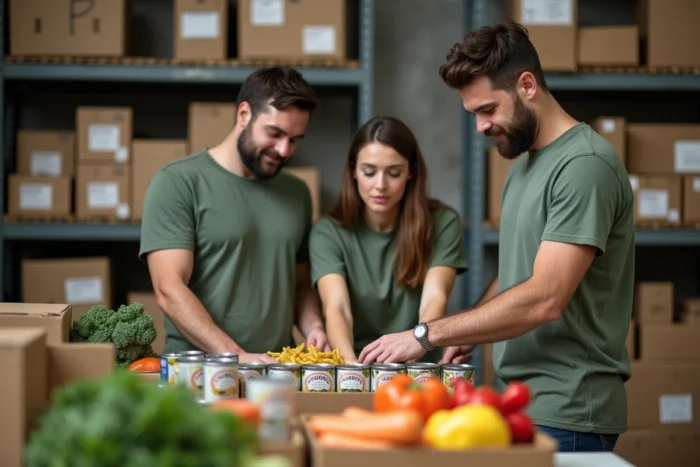 Bénévoles triant des denrées alimentaires dans une banque alimentaire pour lutter contre la précarité