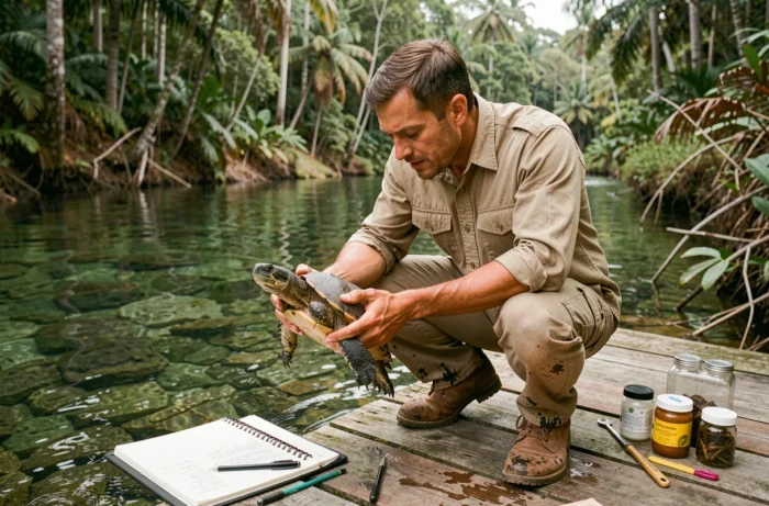 Biologiste de terrain tenant délicatement une tortue Mary River lors d'une session de recherche scientifique au bord d'une rivière australienne