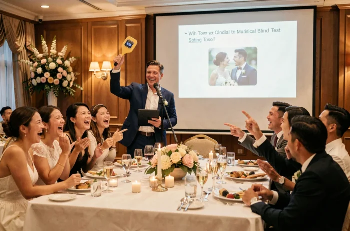 Animation blind test musical lors d'un mariage avec un animateur et des invités enthousiastes tentant de reconnaître des chansons