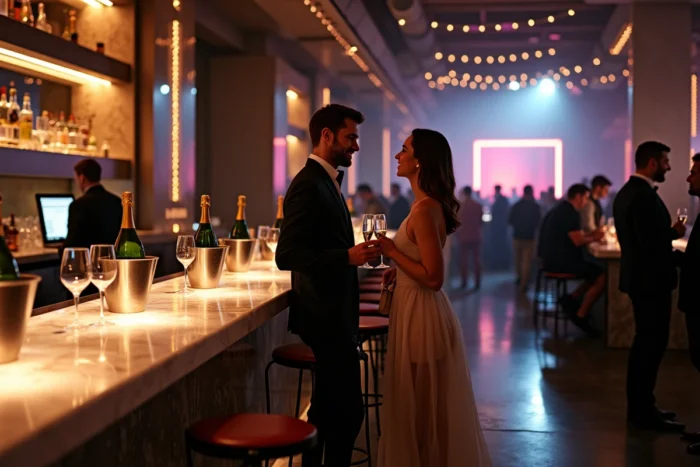 Intérieur d'une boîte de nuit VIP haut de gamme avec bar en marbre, bouteilles de champagne et ambiance soirée privée