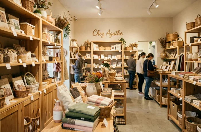 Intérieur animé de la boutique Chez Agathe avec des étagères garnies de nouveautés artisanales et décoratives