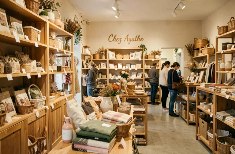 Intérieur animé de la boutique Chez Agathe avec des étagères garnies de nouveautés artisanales et décoratives