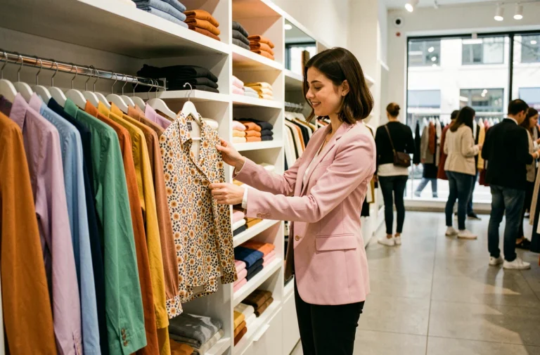 Jeune femme parcourant les rayons de vêtements colorés dans une boutique de mode moderne en Belgique