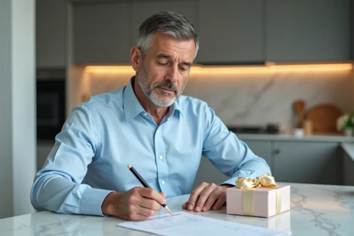 Homme consultant une liste de budget cadeau mariage assis à un comptoir moderne avec un cadeau emballé et un ruban en soie