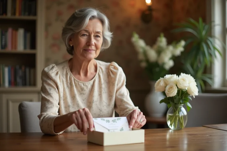 Femme d'âge mûr préparant une enveloppe cadeau pour un mariage, posée dans un écrin blanc sur une table en bois dans un intérieur cosy