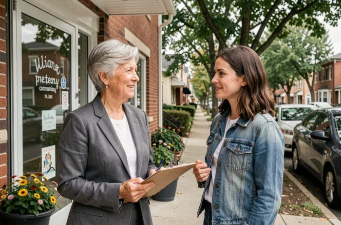 Deux femmes devant un centre communautaire local offrant des ressources et un soutien aux femmes