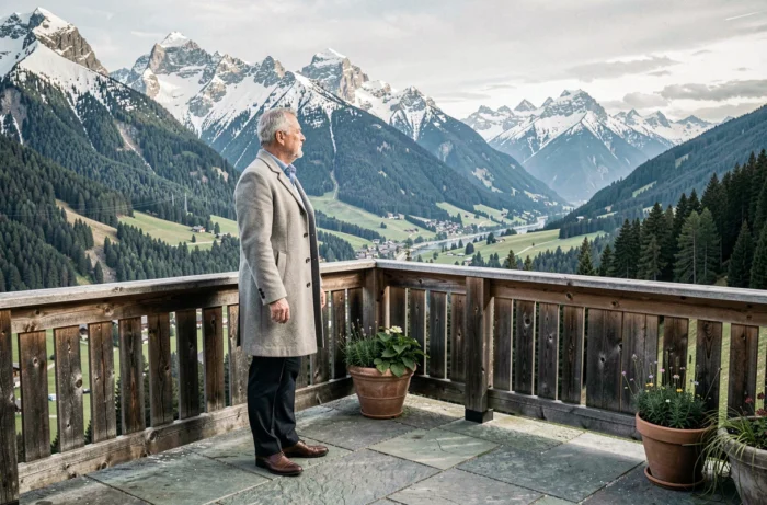 Propriétaire contemplant un chalet suisse de luxe avec panorama sur les Alpes en Valais