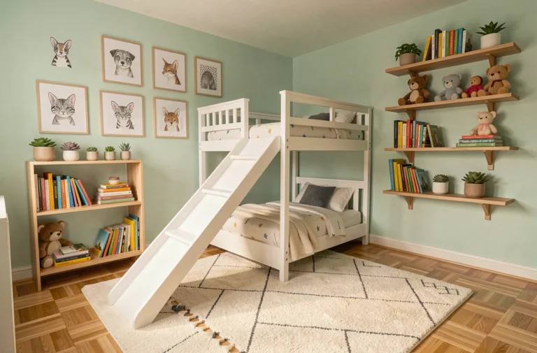 Chambre d'enfant élégante avec lit mezzanine en bois blanc, toboggan intégré, étagères colorées et tapis géométrique sur parquet chêne clair