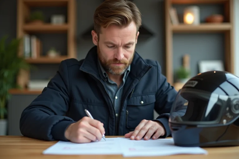 Homme consultant des documents d'assurance moto à domicile avec un casque posé sur la table