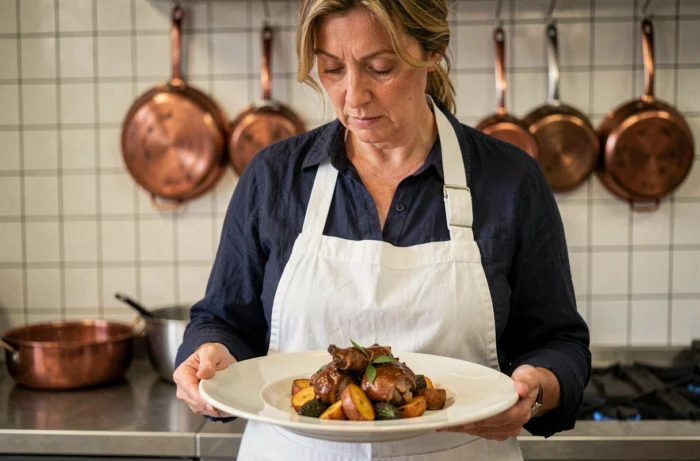 Cheffe cuisinière dressant un confit de canard traditionnel dans la cuisine du restaurant Chez Sylvie et Jérôme