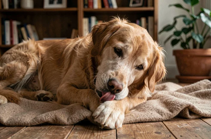Vieux golden retriever se léchant la patte sur une couverture en laine, illustrant la douleur articulaire canine et les solutions naturelles comme l'harpagophytum