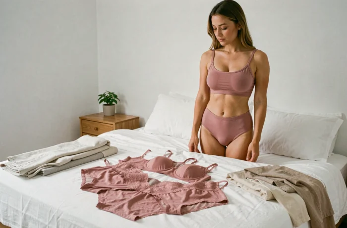 Femme en lingerie coordonnée rose poudré dans une chambre minimaliste, avec un assortiment de pièces de lingerie posées sur un lit blanc
