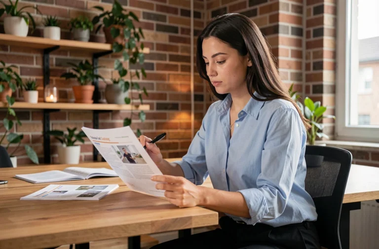 Jeune femme consultant un catalogue de formations professionnelles à son bureau dans un espace de coworking