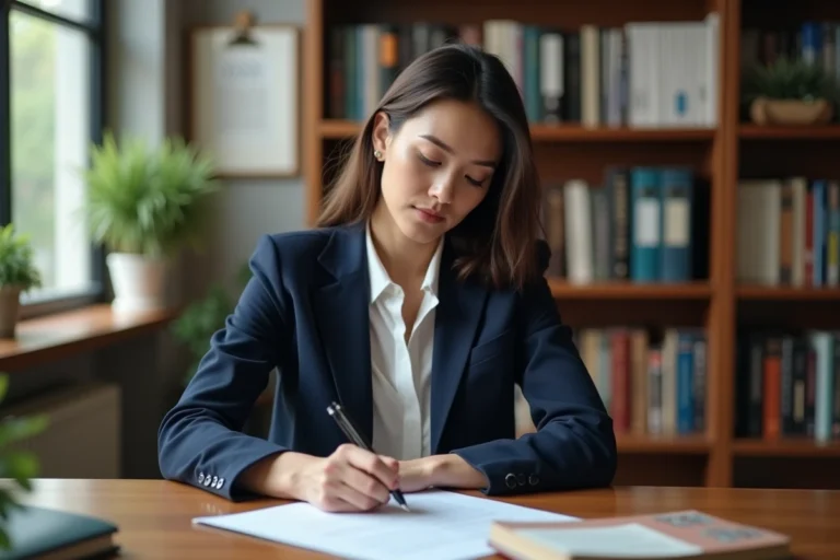 Femme remplissant un formulaire de diplôme universitaire dans un bureau administratif