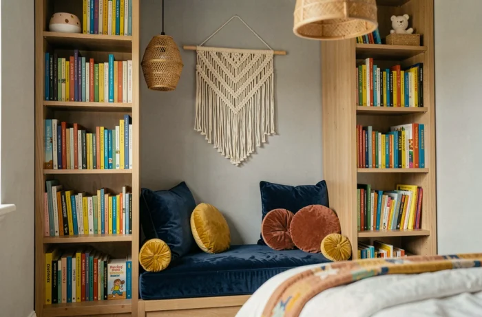 Coin lecture douillet dans une chambre d'enfant avec alcôve en velours bleu marine, étagères en bois et coussins colorés en moutarde et terracotta