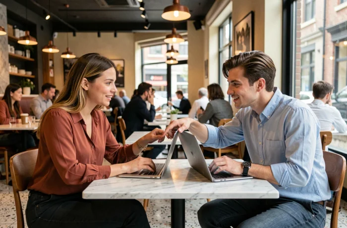 Deux jeunes professionnels collaborant sur leurs stratégies de carrière en ligne autour d'un café dans un espace de travail urbain tendance