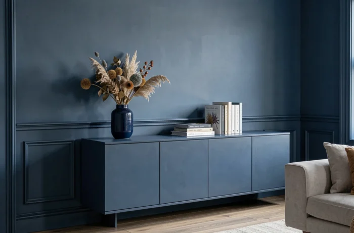 Technique du color drenching appliquée au mur et au buffet peints dans le même bleu profond, créant une enveloppe architecturale immersive et sophistiquée dans un salon