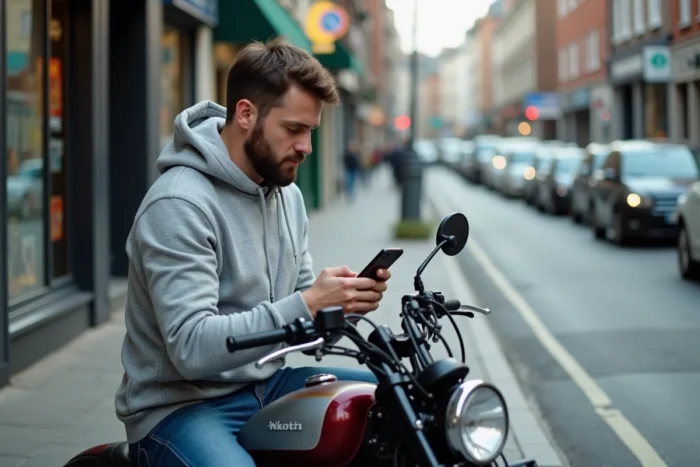 Motard comparant des offres d'assurance moto sur smartphone en milieu urbain