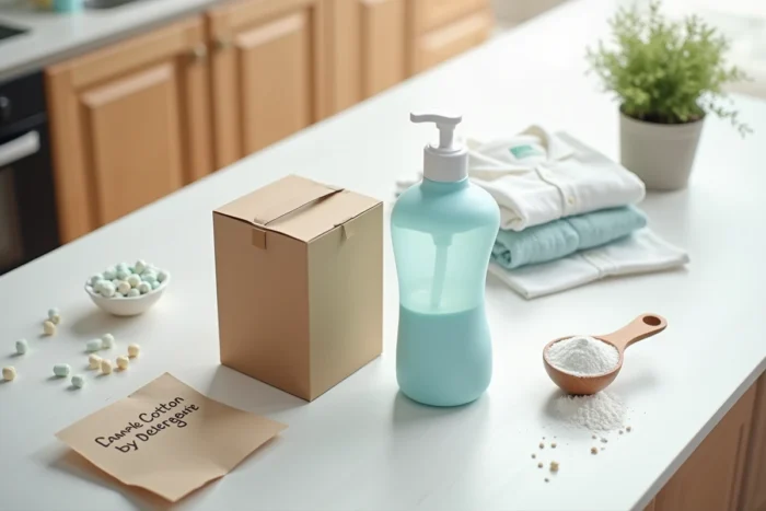 Comparaison lessive en poudre et liquide en flat lay avec accessoires de lavage sur surface blanche