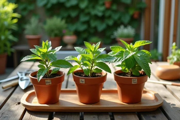 Trois pots de menthe en différents stades de santé sur un plateau en bois de jardin avec des étiquettes manuscrites