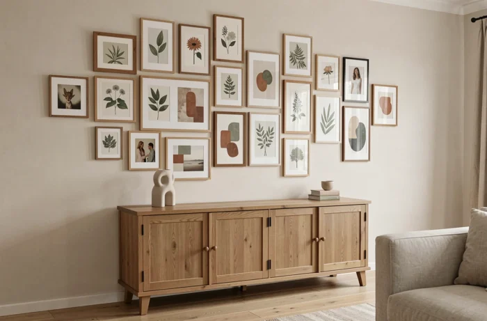 Composition asymétrique de cadres photo et d'illustrations botaniques disposés au-dessus d'un buffet peint dans un salon de style scandinave
