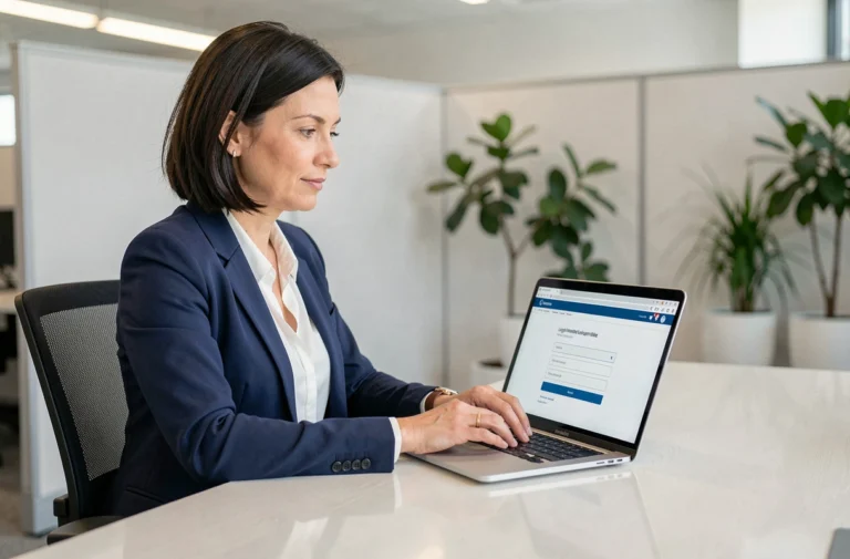 Employée de La Poste se connectant à l'extranet professionnel depuis son bureau avec un ordinateur portable