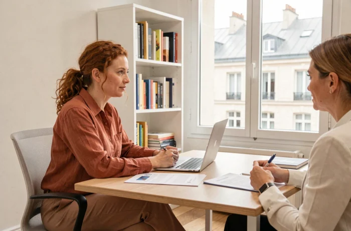 Femme en reconversion professionnelle lors d'une séance de conseil en orientation à Paris