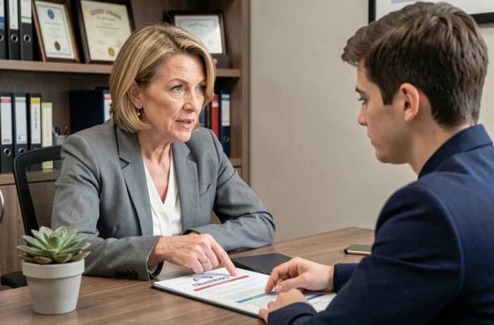 Conseillère en formation professionnelle guidant un jeune adulte dans le choix de son parcours de formation