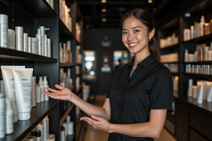 Conseillère Sephora présentant la gamme Typology au rayon skincare en boutique